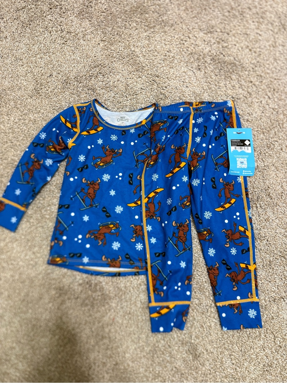 Hot Chillys Toddler 2T Blue Ski Moose Print Long Sleeve Top/Pants Base Layer NWT
